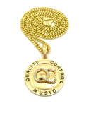 Stone Stud QC Initials on Polished Round Pendant w/ 24" Necklace in Gold-Tone
