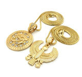 Polished Horus Falcon & Eye of Horus Stone Stud Medal Pendant Set 2mm Box Chain Necklaces in Gold-Tone