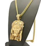 Stone Stud Woven Crown of Thorns Jesus Head Pendant w/6mm 30" Cuban Chain Necklace, Gold-Tone