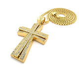 Cross Pendant w/ 36" Chain Necklace - Box Chain, Iced Out Layered Cross