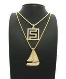 Stone Stud Sailboat & Stone Stud Maze Pendant Set w/ Box Chain Necklaces, Gold-Tone