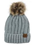 C.C Thick Cable Knit Faux Fuzzy Fur Pom Fleece Lined Skull Cap Cuff Beanie