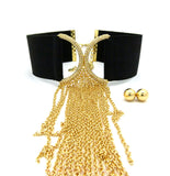 Women's Elastic Choker Dangling Waterfall Necklace and Ball Earring Set in Gold-Tone