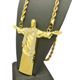 Stone Stud Christ the Redeemer Figure w/ 8mm 30" Rope Chain Necklace in Gold-Tone