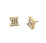 4 Stone Row Concave Square Shape Stud Pierced Earrings, Gold-Tone