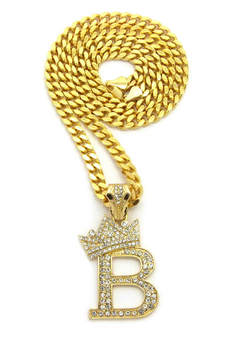 Stone Stud Allover Tilted Crown Initial B Pendant w/6mm 24" Box Cuban Chain, Gold-Tone