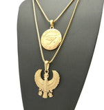 Solid Eye of Horus Medal & Horus Falcon Pendant Set 2mm 24" & 30" Box Chain Necklace in Gold-Tone