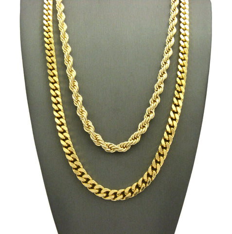 Hip-Hop Style 6mm 24" Rope Chain & 6mm 30" Box Cuban Chain Necklace Set, Gold-Tone