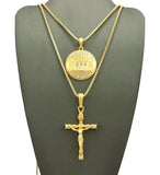 Last Supper Medal Pendant & Slim Crucifix Jesus Pendant Set w/ 2mm 24" & 30" Box Chains in Gold-Tone