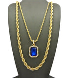 Colored Gemstone Pendant with 3mm 24" Rope Chain and 6mm 30" Rope Chain Necklace in Gold-Tone