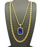 Colored Gemstone Pendant with 3mm 24" Rope Chain and 6mm 30" Rope Chain Necklace in Gold-Tone