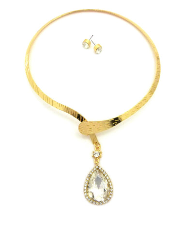 Women's Teardrop Stone Pendant Open Choker Necklace and Earring Set in Gold-Tone