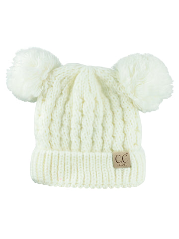 C.C Kids' Children's Cable Knit Double Ear Pom Cuffed Beanie Cap Hat