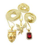 Ruby Red Stone, Floating Angel, & King Lion Pendant Set w/ Box Chain Necklaces in Gold-Tone
