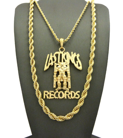 Polished Last Kings Record Label Pendant Rope Chain Necklace Set in Gold-Tone