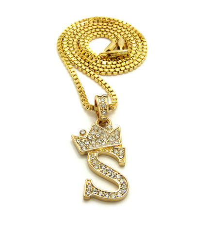 Unisex Stone Stud Tilted Crown Letter Initial Micro Pendant 2mm Box Chain Necklace, 20", S