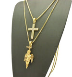 Stone Stud 2 Row Cross & Praying Halo Angel Pendant Set w/ 2mm 24" & 30" Box Chains in Gold-Tone