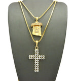 Mirco Jesus Face & 2 Row Stone Cross Pendant Set w/ 24" & 30" Box Chain Necklaces in Gold-Tone