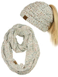 C.C Colorful Confetti BeanieTail Messy High Bun Cable Knit Beanie and Infinity Loop Scarf Set