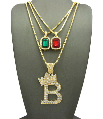 Dual Colored Gemstone with Tilted Crown on Initial B Pendant Set w/ Chain Necklace
