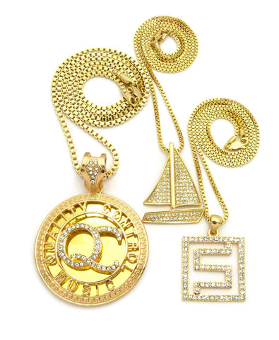 Stone Stud QC Initials, Sailboat & Maze Pendant Set w/ Box Chain Necklaces, Gold-Tone