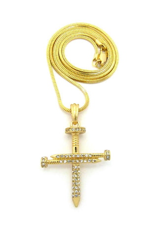 Studded Allover 3 Cross Nail Pendant w/ 2mm 24" Snake Chain Necklace in Gold-Tone