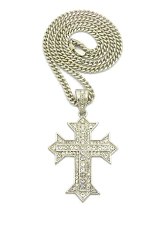 Stone Stud Simple Cross on Heraldic Cross Pendant w/6mm 36" Cuban Chain Necklace, Silver-Tone
