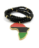 Pan Africa Continent Pendant w/6mm 30" Black Wood Bead Color Disc Necklace, RD/BK/GR, Gold-Tone