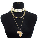 Women's Fashion Africa Pendant Earring and Simulated Pearl Necklace Set in Gold-Tone