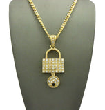 Stone Stud Padlock with Key Pendant w/5mm 24" Cuban Chain Necklace