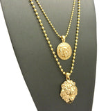 Solid Narrow Lion Head Medal & 3D Lion Head Pendant Set 2mm 24" & 30" Ball Chain Necklace in Gold-Tone