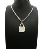 Stone Stud Padlock Pendant w/ 3mm 24" Cuban Chain Necklace