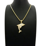 Stone Stud Diving Dolphin Pendant w/ Chain Necklace, Gold-Tone