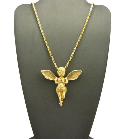 Dusted Extended Wing Pray Angel Pendant w/ Chain Necklace