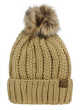 C.C Thick Cable Knit Faux Fuzzy Fur Pom Fleece Lined Skull Cap Cuff Beanie