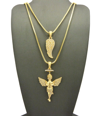 Angel Wing Pendant & Baby Halo Angel Pendant Set w/ Chain Necklace