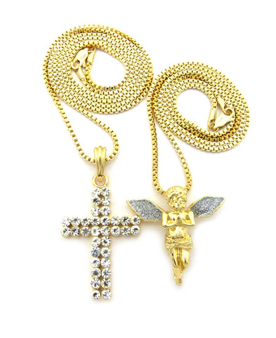 Silver-Tone Dusted Pray Angel & 2 Row Stone Cross Pendant Set w/ 24" & 30" Box Chains in Gold-Tone