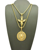 Crowned Praying Angel & King Lion Medallion Pendant Set w/ Gold-Tone Box Chain Necklaces