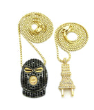 Stone Stud Power Plug & Goon Ski Mask Head Pendant Set w/ 2mm 24" & 30" Box Chains in Gold-Tone