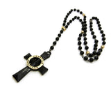 Veritas Aequitas Cross Pendant with 6mm 30" Black and Color Stone Bead Rosary Necklace