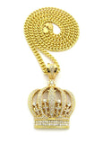 Stone Stud Royal Crown Pendant w/6mm 30" Cuban Chain Necklace, Gold-Tone