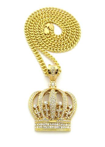 Stone Stud Royal Crown Pendant w/6mm 30" Cuban Chain Necklace, Gold-Tone