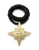 Gold-Tone Stone Stud 5 Percenter Star Pendant with 8mm 33" Wood Bead Necklace
