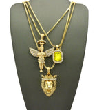 Yellow Stone, Halo Angel & King Lion Pendant Set w/ Multi Length Box Chains in Gold-Tone