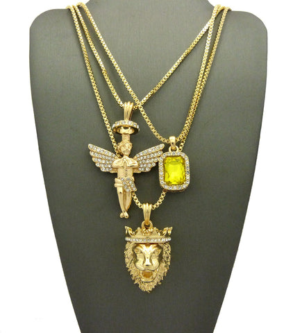 Yellow Stone, Halo Angel & King Lion Pendant Set w/ Multi Length Box Chains in Gold-Tone