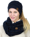 C.C Colorful Confetti BeanieTail Messy High Bun Cable Knit Beanie and Infinity Loop Scarf Set