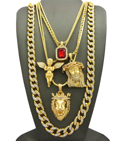 Ruby Red Stone, Praying Angel, King Lion, Jesus Face Pendant w/ Gold Plated Cubic Zirconia Stone Chain