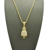 Stone Stud Male Power Plug Pendant w/2mm 24" Box Chain Necklace, Gold-Tone