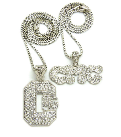 Stone Stud Hip Hop CMG Record Label Initials Pendant Set with 2mm 24" & 30" Box Chain Necklaces