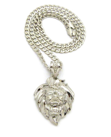 Roaring Lion Head 3D Pendant w/ 7mm 30" Cuban Chain Necklace, Silver-Tone …